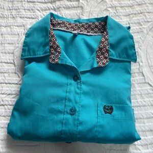 Cinch Teal Button Down Shirt with Patterned Collar